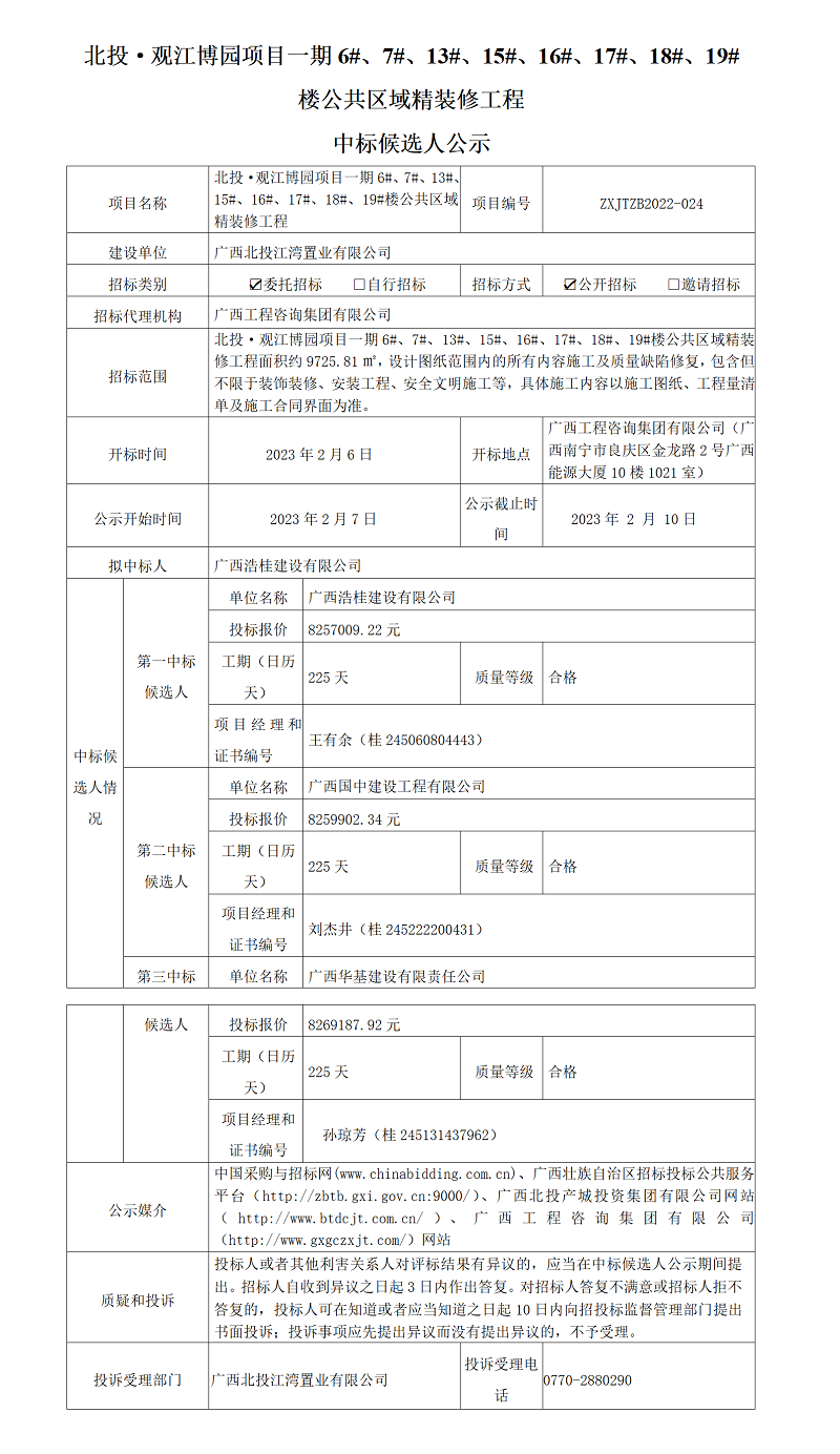 北投·觀江博園項(xiàng)目一期6#、7#、13#、15#、16#、17#、18#、19#樓公共區(qū)域精裝修工程中標(biāo)候選人公示